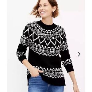 LOFT Small Fair Isle Mock Neck Tunic Sweater Black White